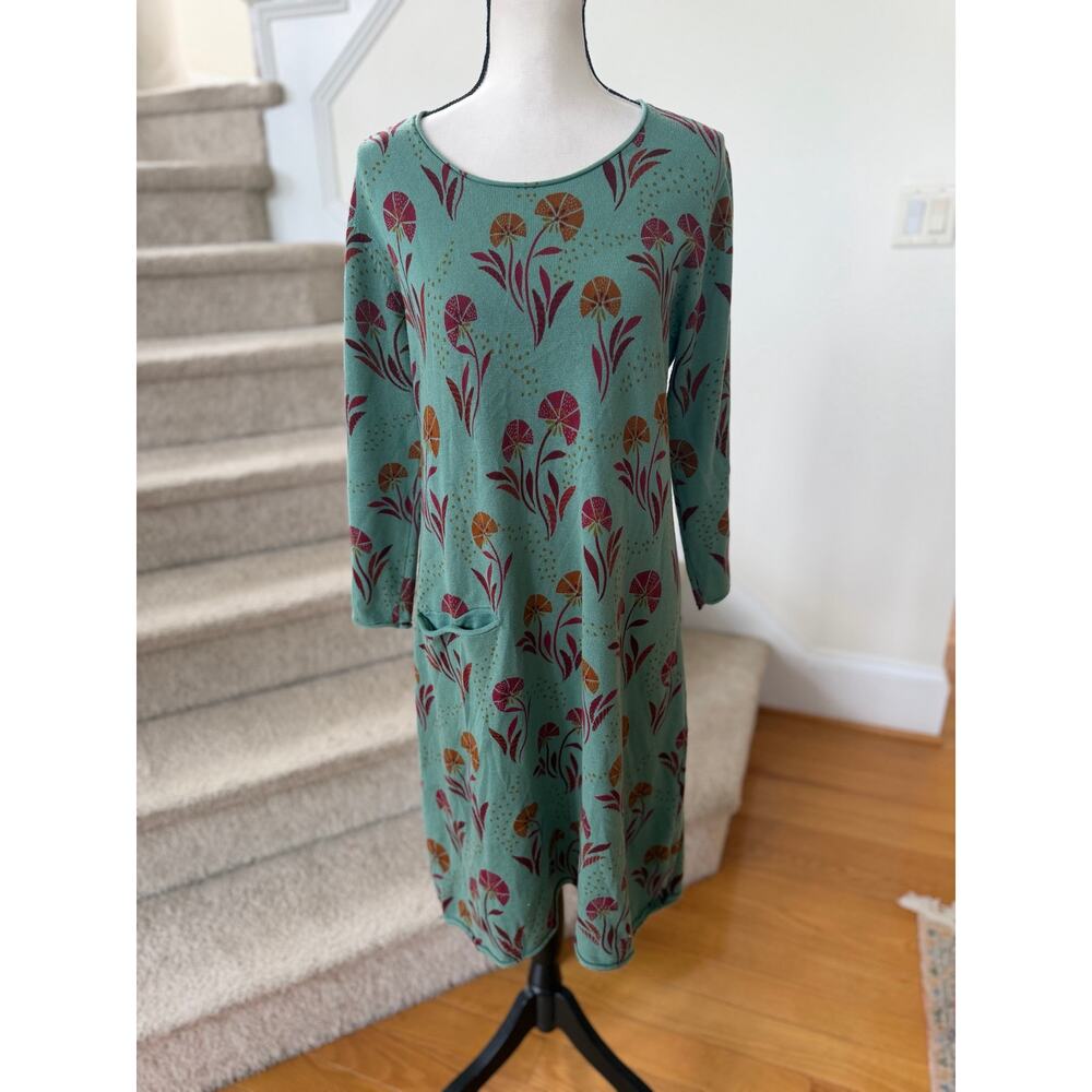 Gudrun Sjödén Green Floral Red & Yellow Block Print Scoop Neck Shift Dress